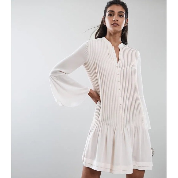 Reiss Dresses & Skirts - Reiss White Pleated Button Front Mini Dress Bell‎ Sleeve Band Collar Size 4